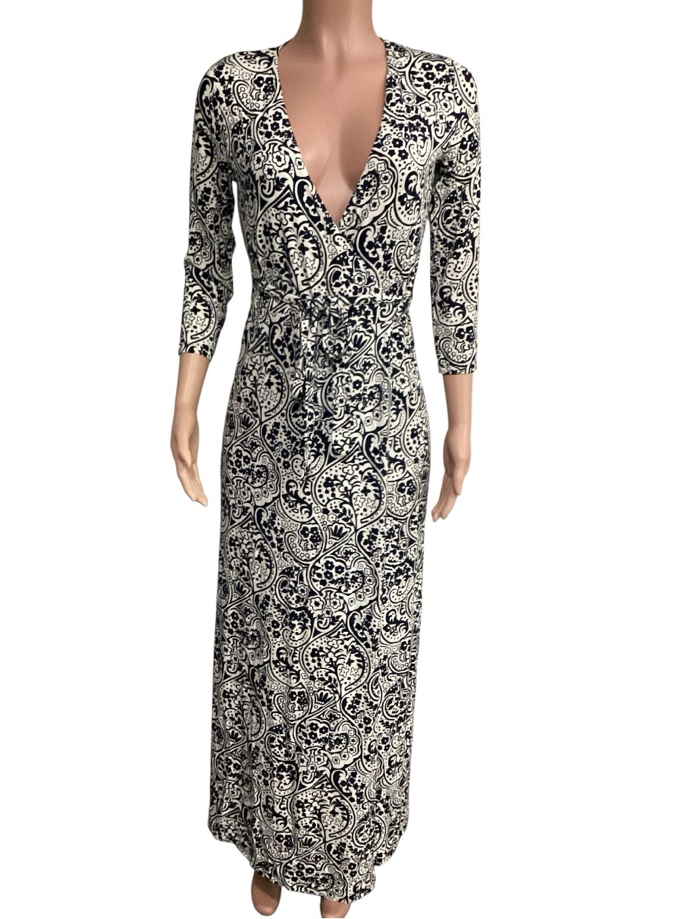 Boden Black & White Floral Paisley Maxi Wrap Dress 3/4 sleeves size 4R